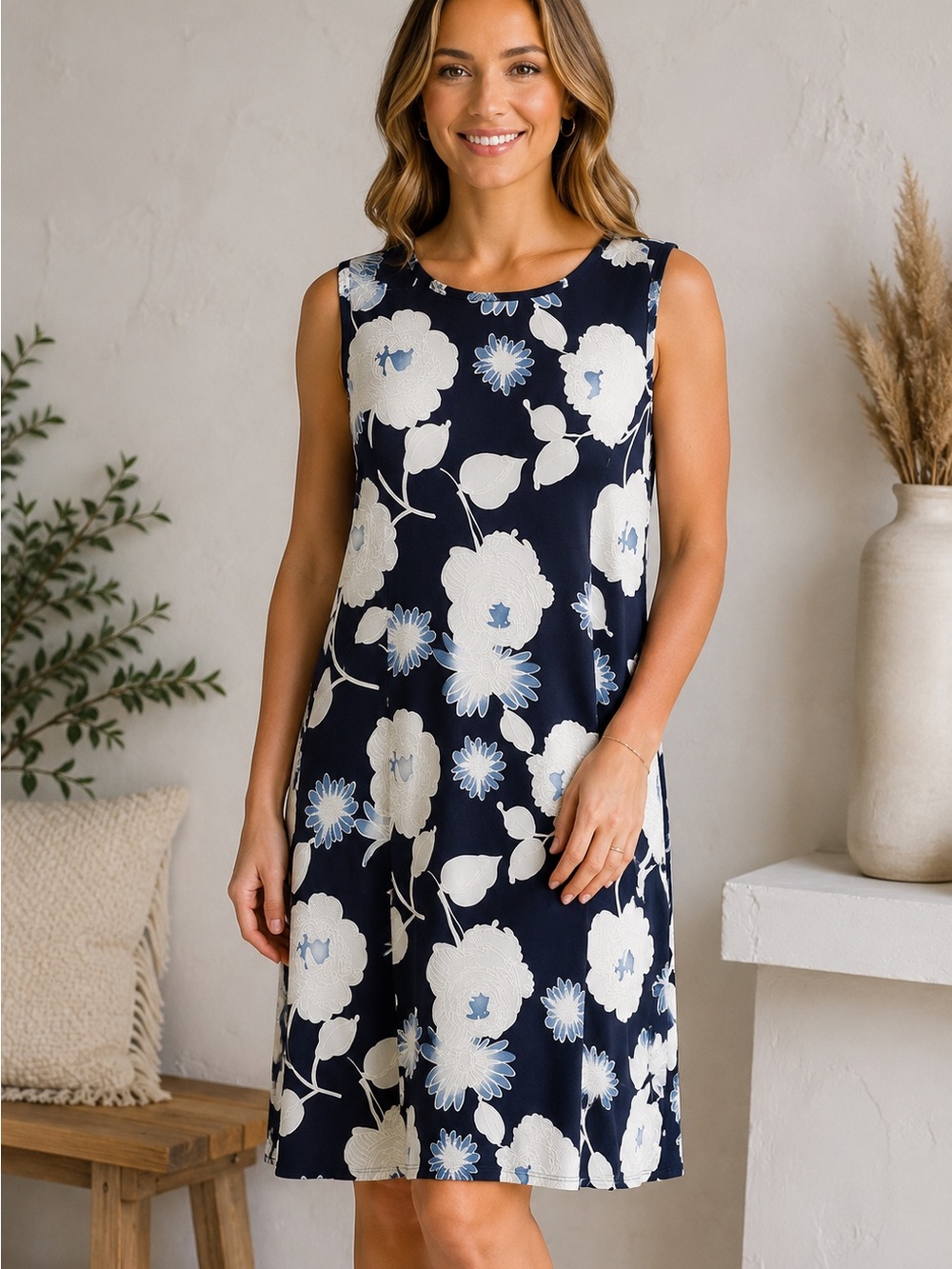 Alessi Navy Blue Floral Sleeveless Shift Mini Dress